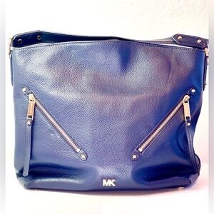 Michael Kors Evie Large Pebbled Leather Hobo Shoulder Bag Blue